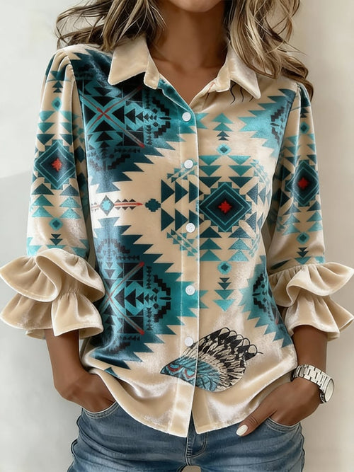 Women'S Casual Lapel Printed Velvet Shirt