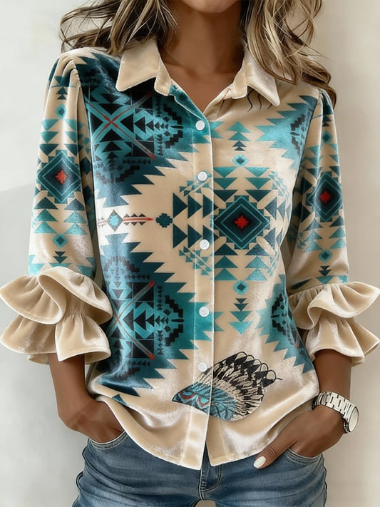 Women'S Casual Lapel Printed Velvet Shirt