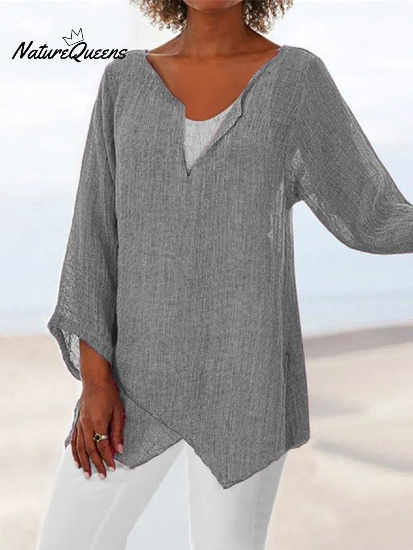 JFN Cotton & Linen Asymmetric Hem Loose Fit Long Sleeve Shirts Tunic Top