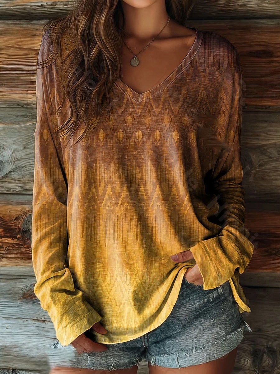 Women's Retro Print Casual V-Neck Long Sleeve T-Shirt