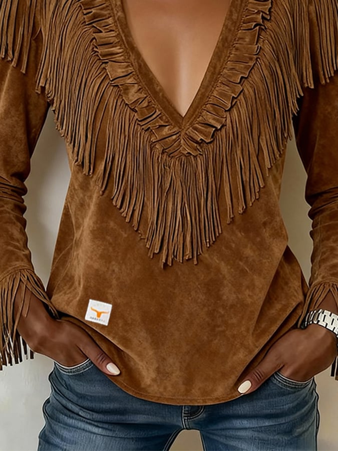 Women's Western V-neck Ruffled Tassel T-shirt