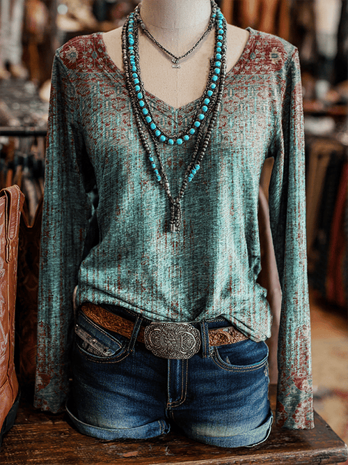 Women's Retro Western Print V-Neck Long Sleeve T-Shirt