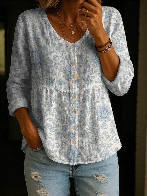 Women's Retro Flower Art Print Linen Cotton Shirt