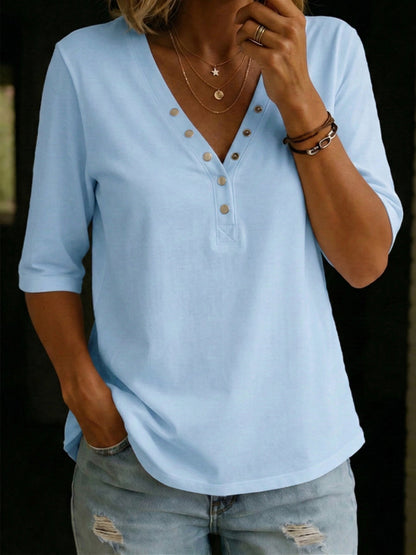 Casual V-neck Snap Button 100% Cotton T-shirt