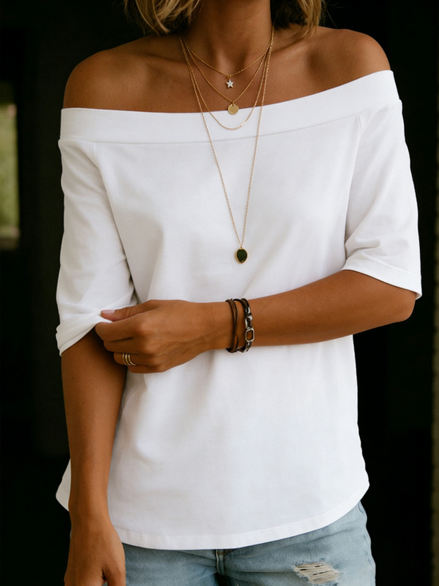 Cozy Elegant Off-shoulder 100% Cotton T-shirt