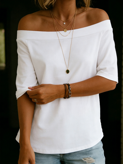 Cozy Elegant Off-shoulder 100% Cotton T-shirt