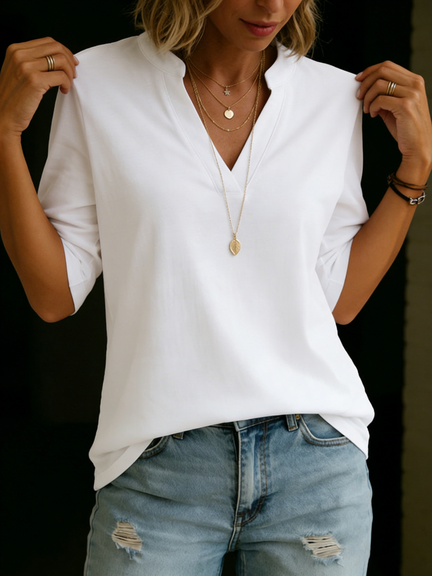 Basic Cozy Half-stand Collar V-neck 100% Cotton T-shirt