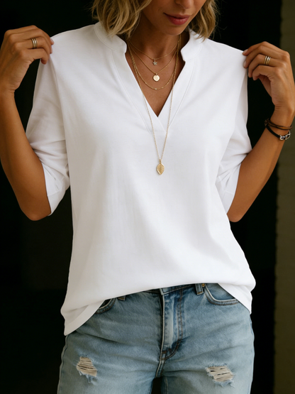 Basic Cozy Half-stand Collar V-neck 100% Cotton T-shirt