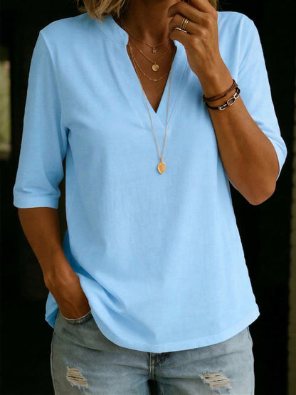 Basic Cozy Half-stand Collar V-neck 100% Cotton T-shirt