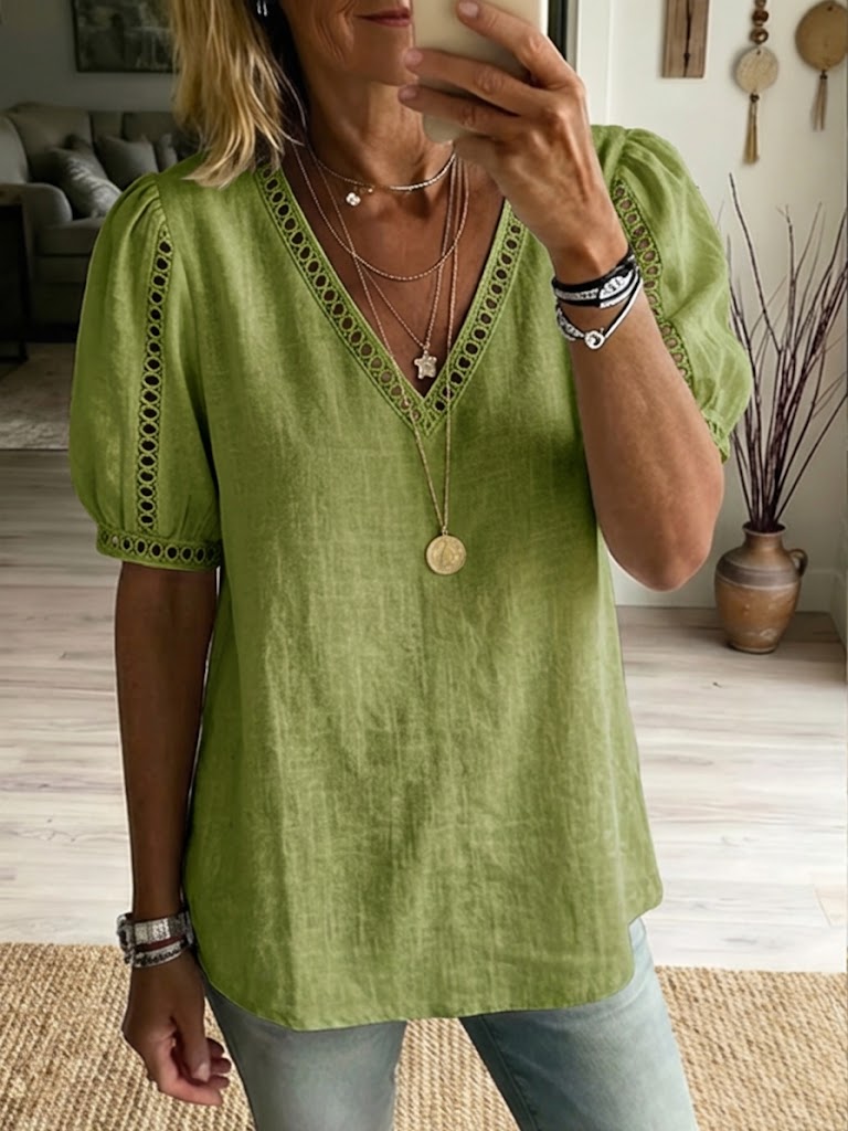 Casual Patchwork Openwork Webbing Linen And Cotton Shirt