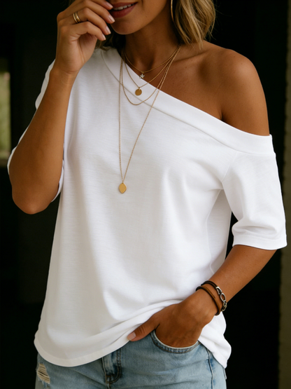 Cozy Elegant Off-shoulder 100% Cotton T-shirt
