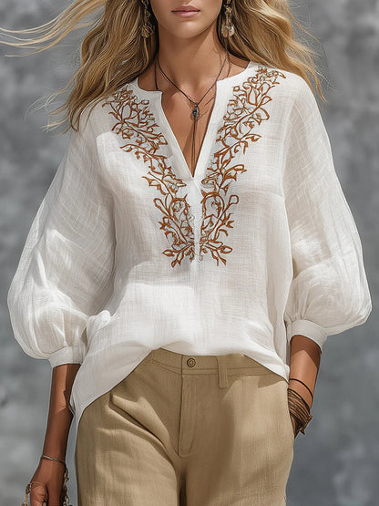 Loose-fitting V-neck Linen And Cotton Shirt
