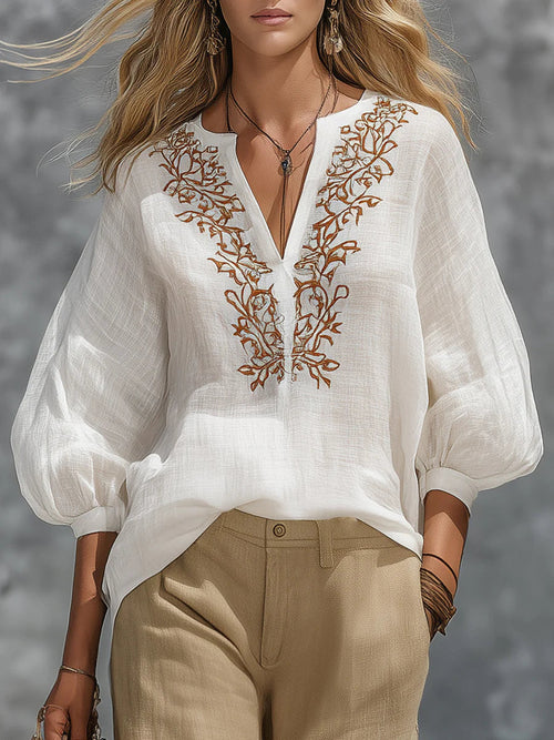 Loose-fitting V-neck Linen And Cotton Shirt
