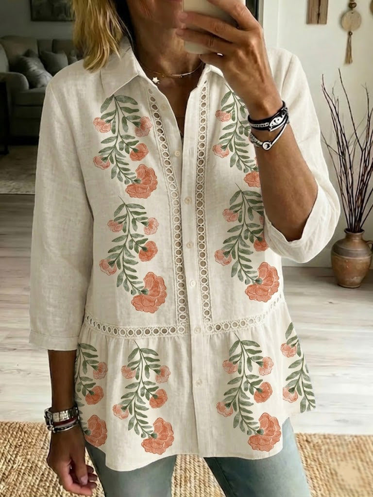 Women's Vintage Floral Art Print Casual Cotton Shirt With Turn-down Collar
