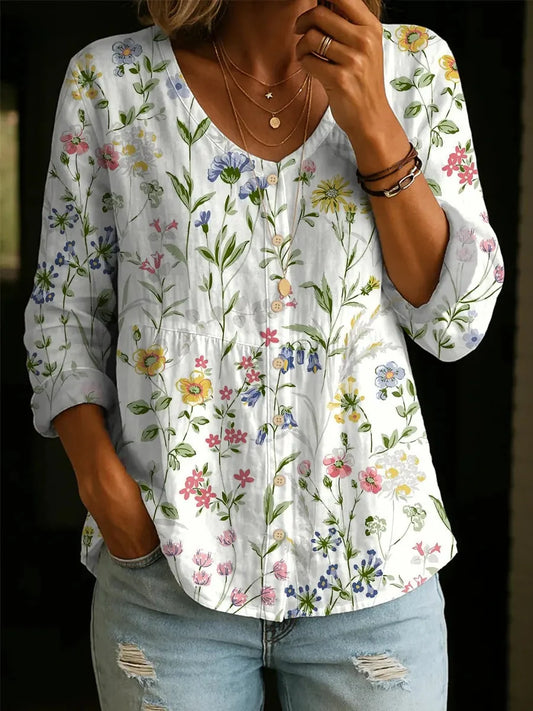 Women's Floral Pattern Art Print Casual Cotton Shirt
