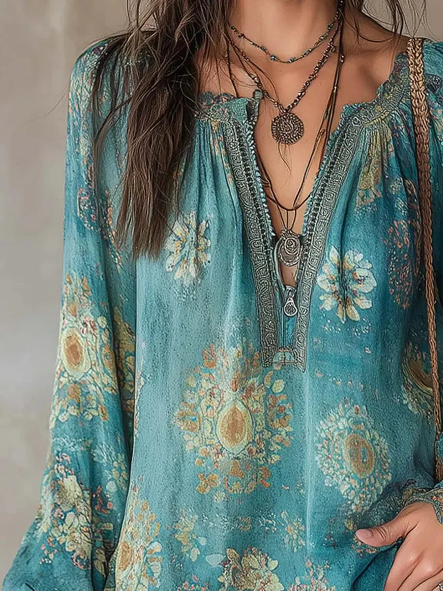 Women's Ethnic Floral Art Print Casual Long Sleeve Cotton Shirt