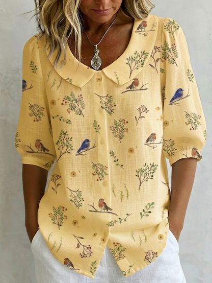 "Forest Whispers" Peter Pan Collar Linen-Cotton Shirt