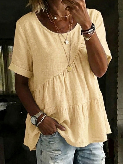 Women's Round Neck Cotton Linen Solid Color Loose Short-sleeved Shirt – Side Tether
