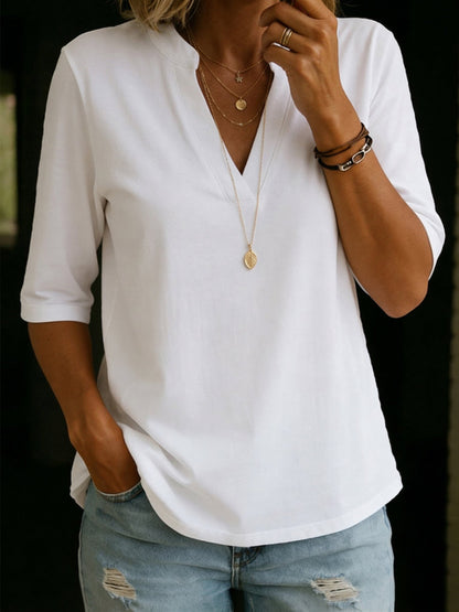 Basic Cozy Half-stand Collar V-neck 100% Cotton T-shirt