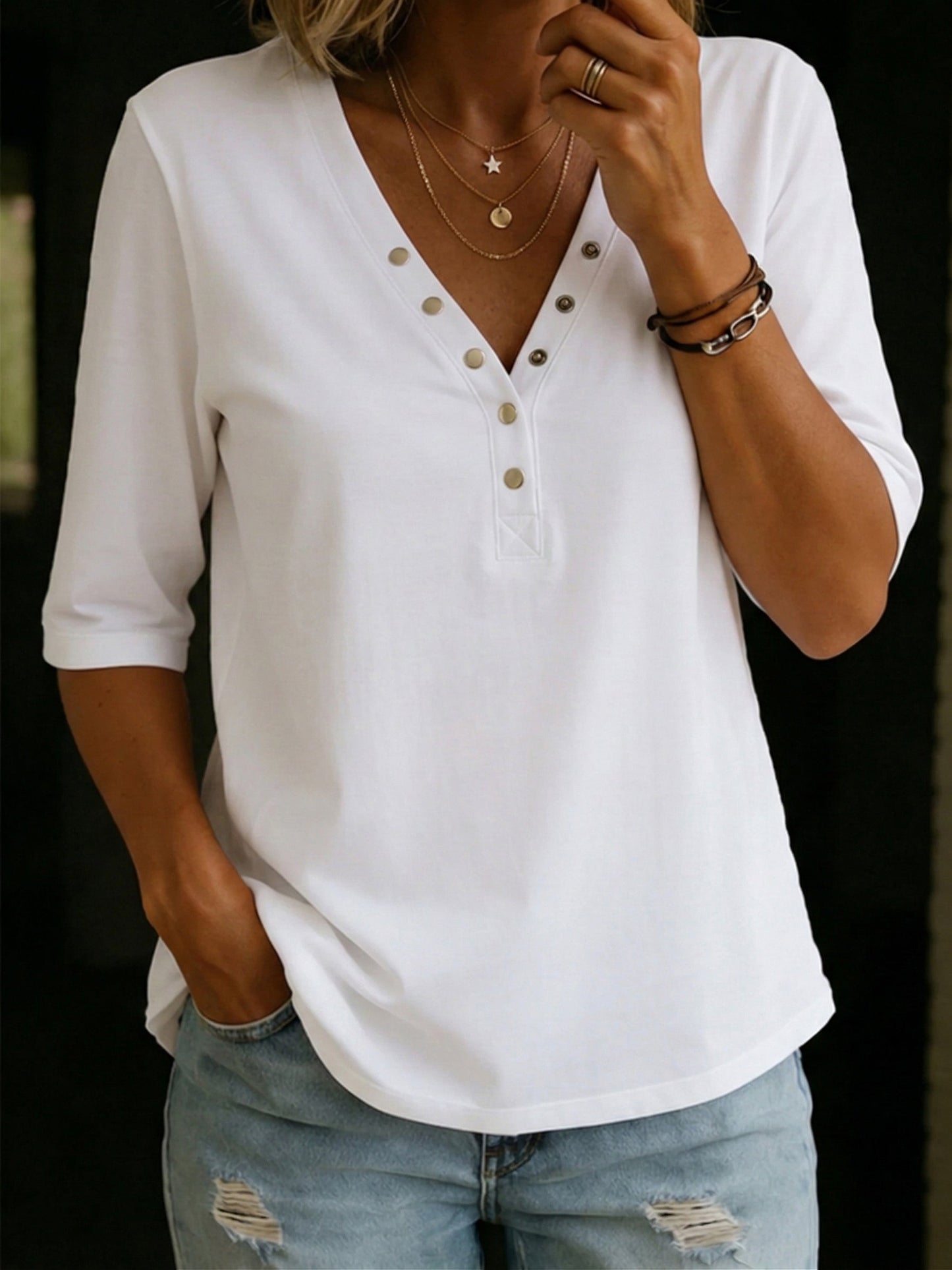 Casual V-neck Snap Button 100% Cotton T-shirt