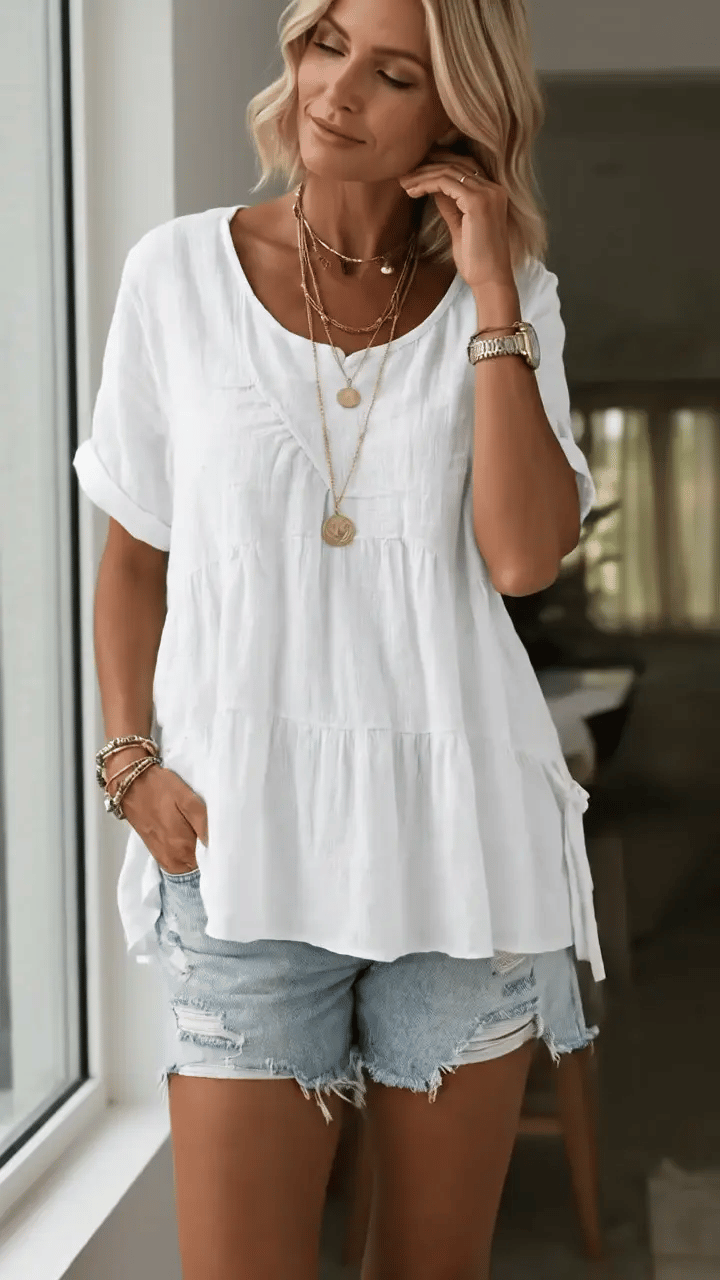 Women's Round Neck Cotton Linen Solid Color Loose Short-sleeved Shirt – Side Tether