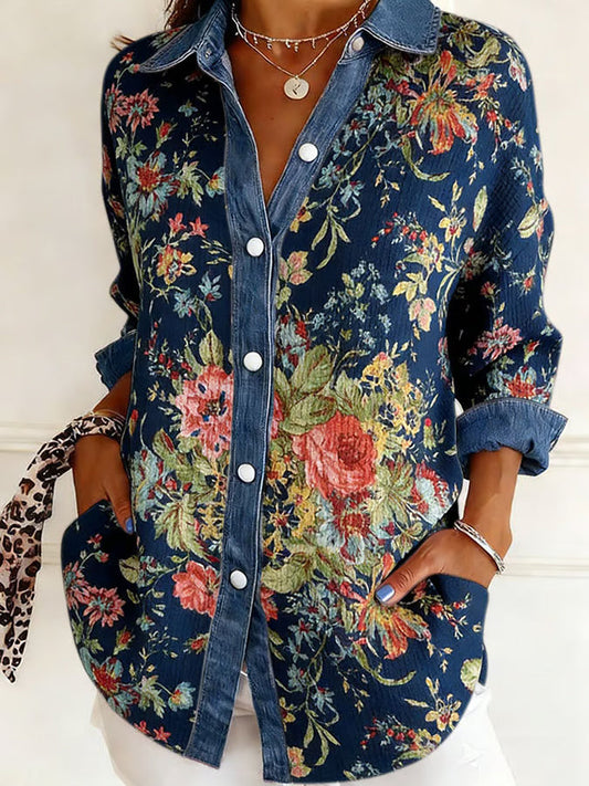 Women's Retro Floral Print Lapel Waffle Knit Shirt